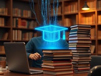 Ilustrasi mahasiswa menggunakan AI ChatPDF dan ChatGPT untuk mengerjakan skripsi dan merangkum jurnal dengan cepat.