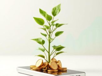 Ilustrasi mengatur keuangan dan budgeting bulanan menggunakan aplikasi AI di smartphone agar bisa menabung.